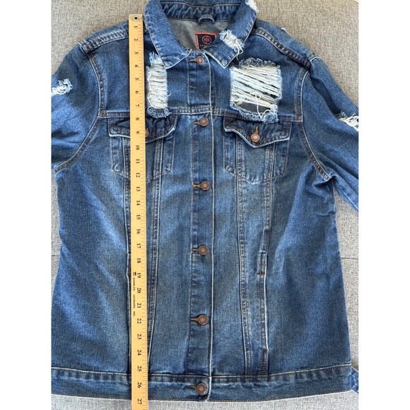 Boom Boom Jeans Distressed Embroidered Floral Denim Jacket Blue Womens Large L - Picture 8 of 8